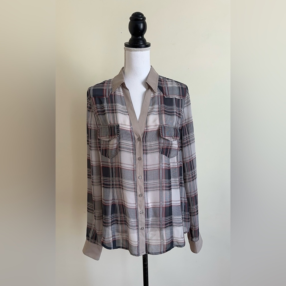 Silver Jeans Plaid Button-Down Shirt in Gray, Cream & Brown